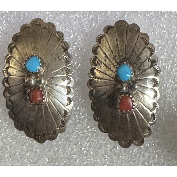 Navajo Sterling Silver Stamped Concho Earrings Turquoise Coral Signed L 6.6g